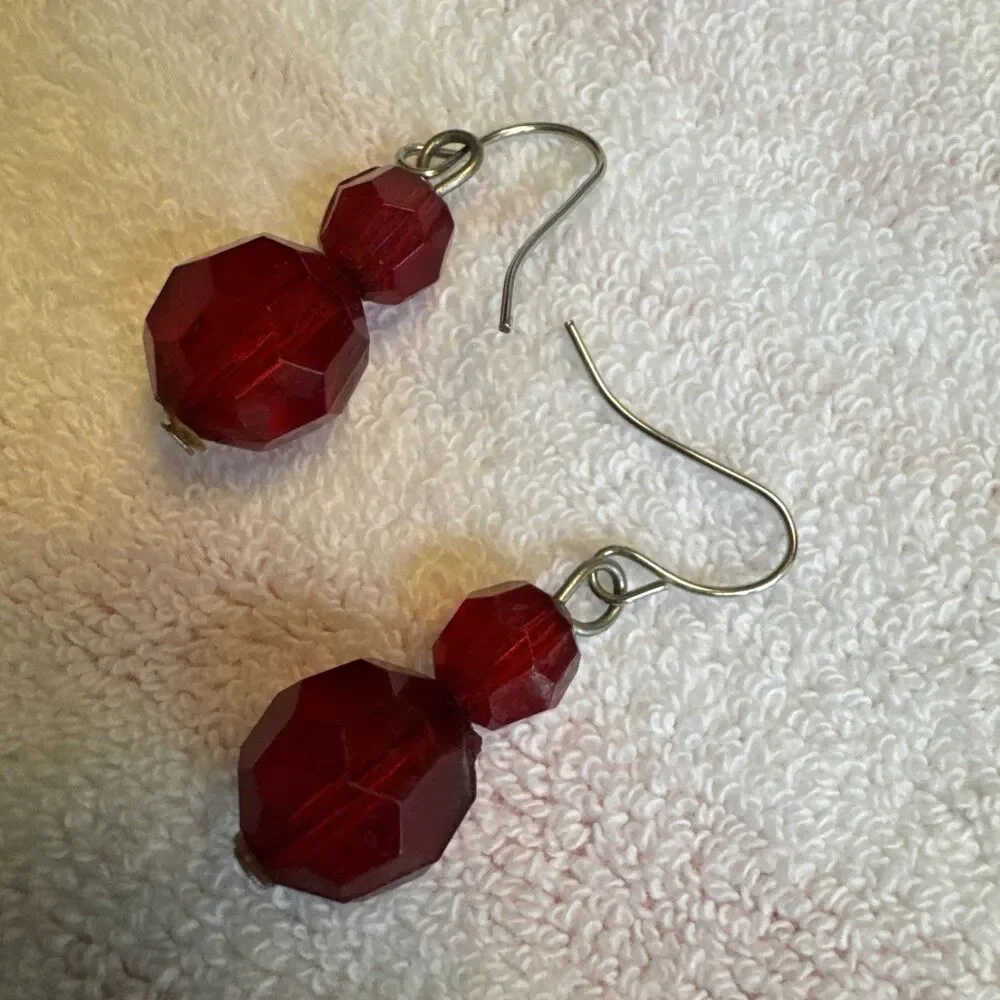 Lot of 3 Pairs‎ Vintage Earrings — Red Crystal Drop, Rhinestone Cluster Clip-On